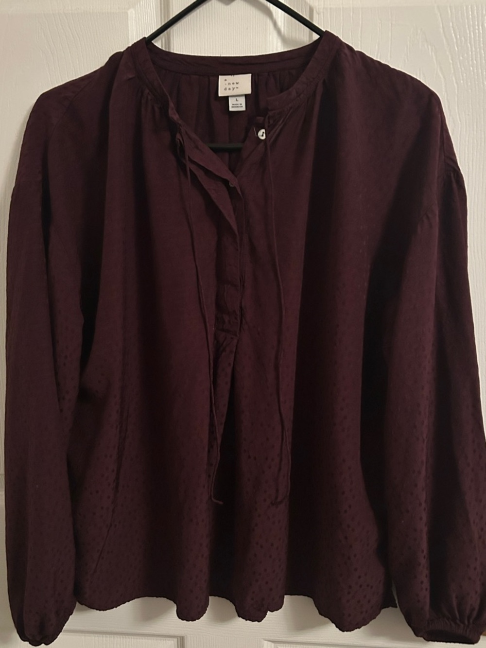 a new day Plum Tie-Neck Peasant Blouse
